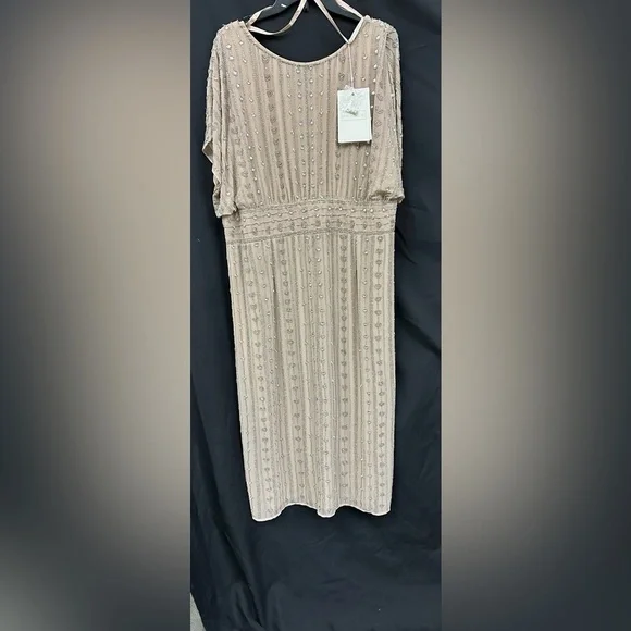 *Flawed Mac Duggal 93649 NWT Beige Embellished Midi Dress - Picture 3 of 6